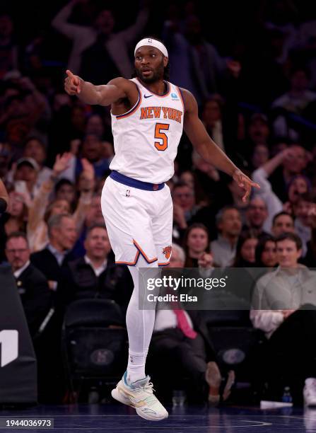 Precious Achiuwa of the New York Knicks celebrates his dunk in the fourth quarter against the Washington Wizards at Madison Square Garden on January...