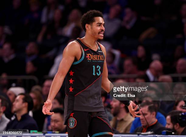 Jordan Poole of the Washington Wizards reacts to a call in the second half against the New York Knicks at Madison Square Garden on January 18, 2024...