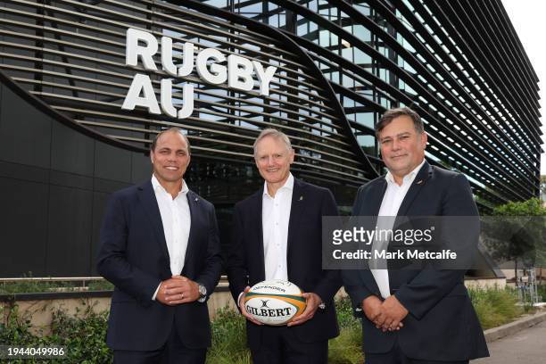 New Wallabies Head Coach Joe Schmidt poses with RA CEO Phil Waugh and RA Director of High-Performance Peter Horne during a Rugby Australia media...