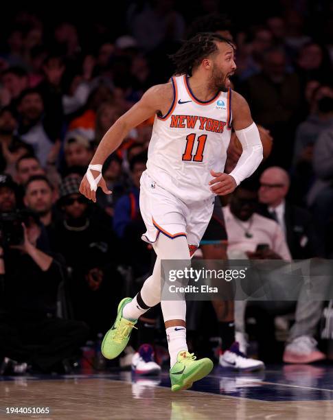 Jalen Brunson of the New York Knicks celebrates his shot in the fourth quarter against the Washington Wizards at Madison Square Garden on January 18,...