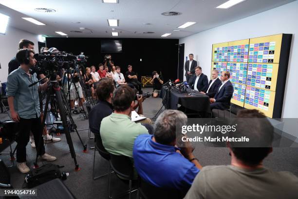 New Wallabies Head Coach Joe Schmidt speaks to media during a Rugby Australia media opportunity at Allianz Stadium on January 19, 2024 in Sydney,...