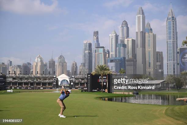 Cameron Young of the USA plays his second shot on the 18th hole on Day Two of the Hero Dubai Desert Classic at Emirates Golf Club on January 19, 2024...