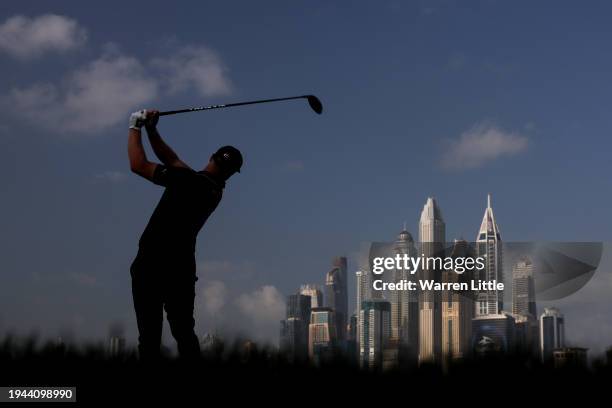 Jens Dantorp of Sweden tees off on the eighth hole during Round Two of the Hero Dubai Desert Classic at Emirates Golf Club on January 19, 2024 in...