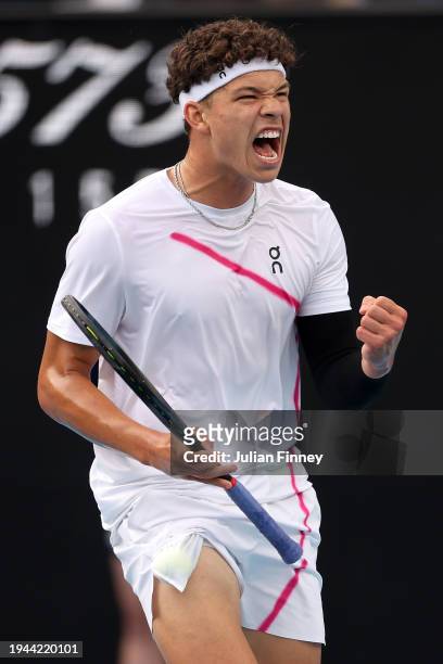 Ben Shelton of the United States celebrates winning a point in their round three singles match against Adrian Mannarino of France during the 2024...