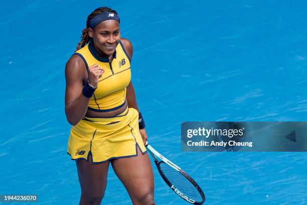 Coco Gauff of the United States celebrates match point against Alycia Parks of the United States in their round three singles match during the 2024...