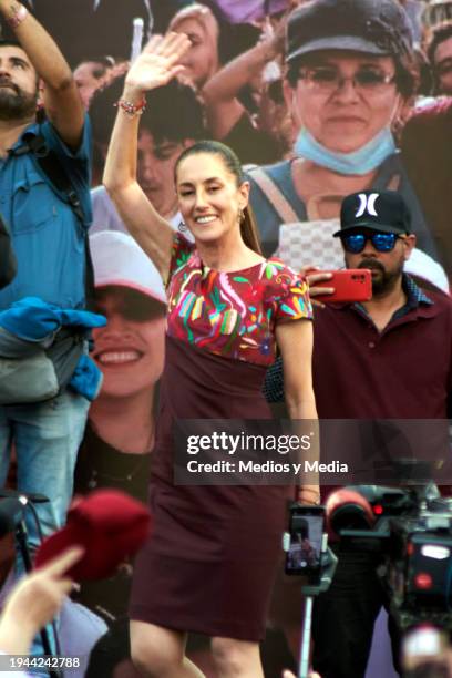 Presidential candidate Claudia Sheinbaum of Morena waves to supporters during a pre-campaign event by the Morena party at Monumento a la Revolución...