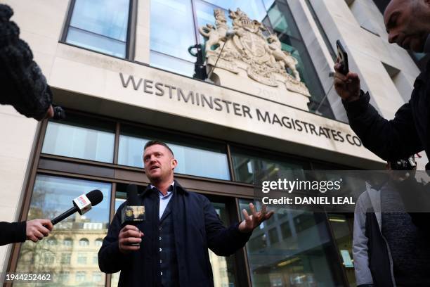 Founder and former leader of the anti-Islam English Defence League , Stephen Yaxley-Lennon, also known as Tommy Robinson, speaks to the press as he...