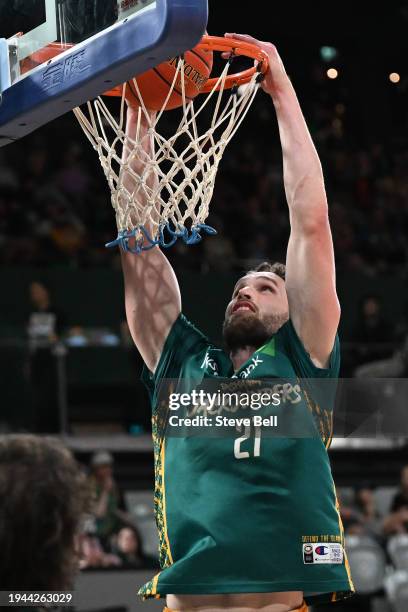 Jarred Bairstow of the Jackjumpers warms up prior to the round 16 NBL match between Tasmania Jackjumpers and Melbourne United at MyState Bank Arena,...