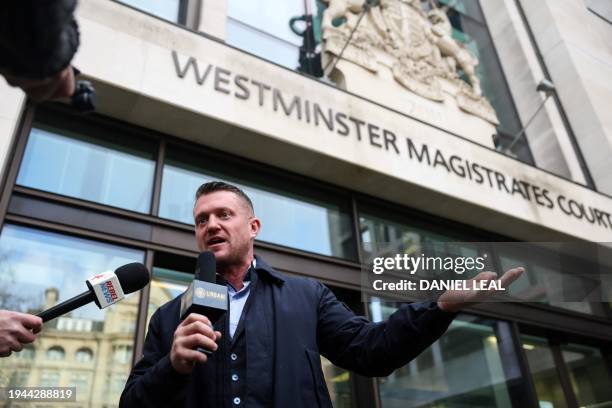 Founder and former leader of the anti-Islam English Defence League , Stephen Yaxley-Lennon, also known as Tommy Robinson, gestures as he speaks to...