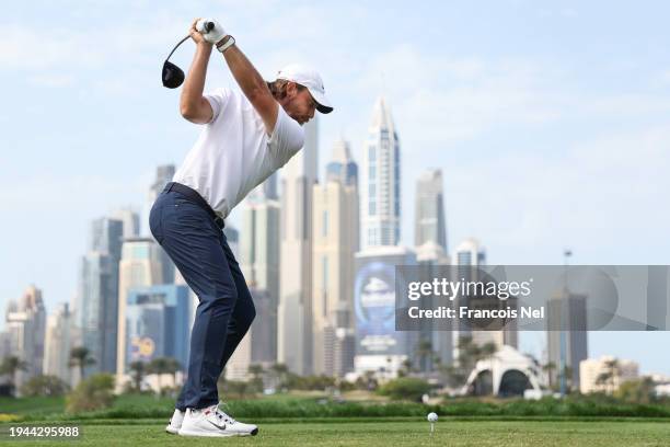 Tommy Fleetwood of England tees off on the eighth hole during Round Two of the Hero Dubai Desert Classic at Emirates Golf Club on January 19, 2024 in...