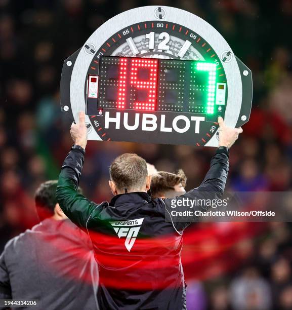 Lights glares off the Hublot substitute board during the Premier League match between AFC Bournemouth and Liverpool FC at Vitality Stadium on January...