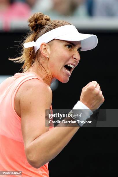 Beatriz Haddad Maia of Brazil celebrates a point in their round three singles match against Maria Timofeeva during the 2024 Australian Open at...