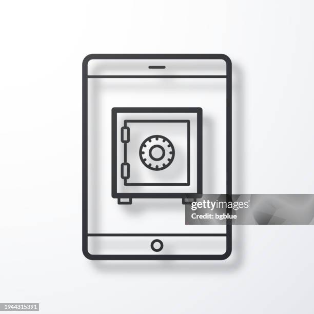 tablet pc with safe box. line icon with shadow on white background - safe box 3d stock illustrations