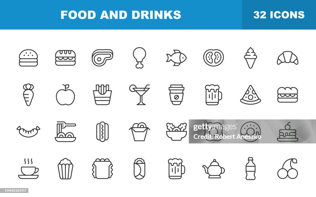 Food and Drinks Line Icons. Editable Stroke. Contains such icons as Vegetable, Fruit, Bread, Cake, Dessert, Fish, Ice Cream, Meat, Salad, Fast Food.