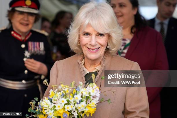 Queen Camilla leaves after a visit to a women's refuge on January 22, 2024 in Swindon, England. To mark the 50th anniversary of the Swindon Domestic...