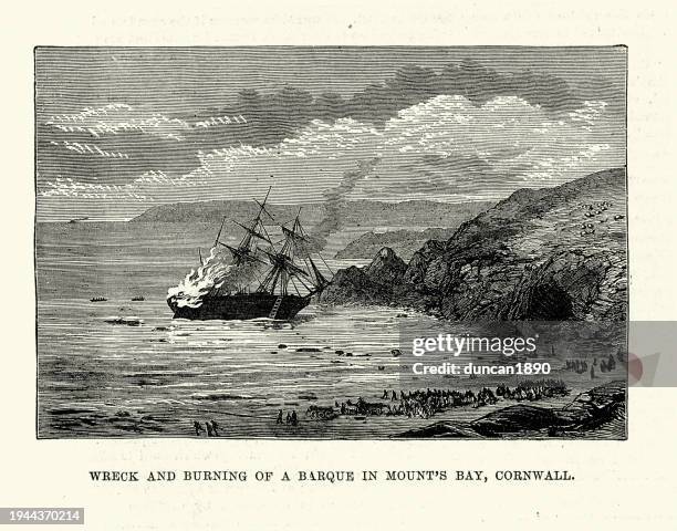 ship wreck and burning of a barque in mount's bay cornwall, 1881, 19th century - ship on fire stock illustrations
