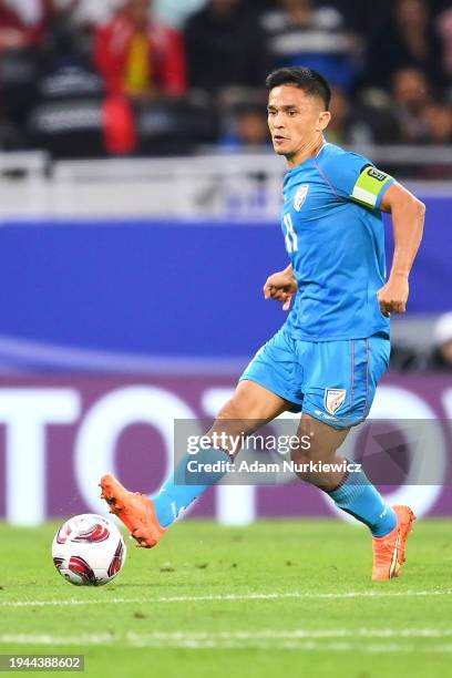 Sunil Chhetri of India controls the ball during the AFC Asian Cup Group B match between India and Uzbekistan at Ahmad Bin Ali Stadium on January 18,...