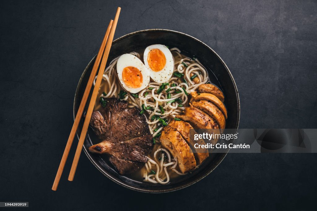 Ramen bowl on black background
