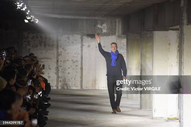 Fashion designer Dries Van Noten walks the runway during the Dries Van Noten Ready to Wear Fall/Winter 2024-2025 fashion show as part of the Paris...