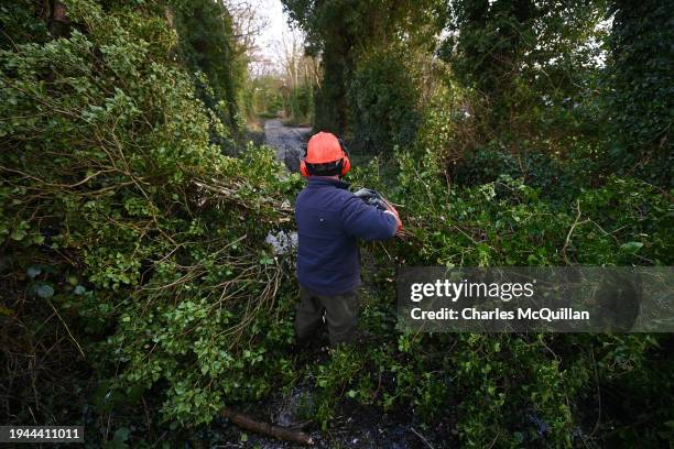 Tree surgeon is pictured at work on a blocked road on January 22, 2024 in Antrim, Northern Ireland. Much of the UK was battered overnight by Storm...