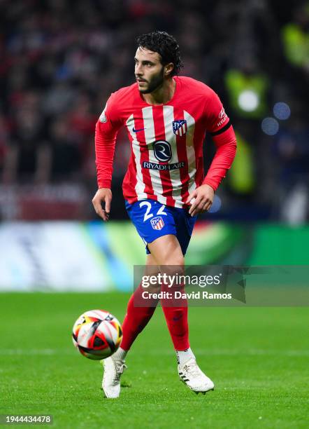 Mario Hermoso of Atletico de Madrid runs with the ball during the Copa del Rey Round of 16 match between Atletico Madrid and Real Madrid CF at...