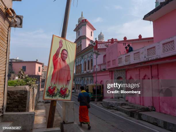 Poster of Uttar Pradesh Chief Minister, Yogi Adityanath, along a street in Ayodhya, India, on Dec. 19, 2023. With national elections a few months...