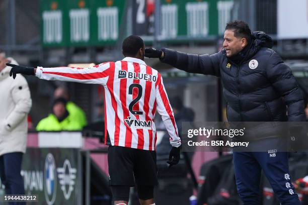 Assistent coach Nordin Boukhari gives instructions to Said Bakari of Sparta Rotterdam during the Dutch Eredivisie match between Sparta Rotterdam and...