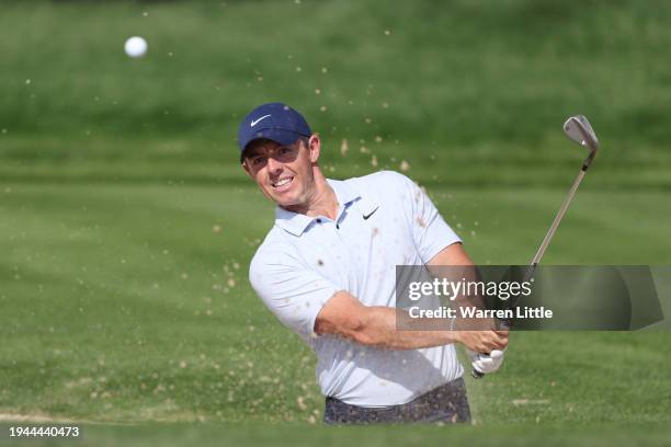 Rory McIlroy of Northern Ireland plays a bunker shot on the third hole during Round Two of the Hero Dubai Desert Classic at Emirates Golf Club on...