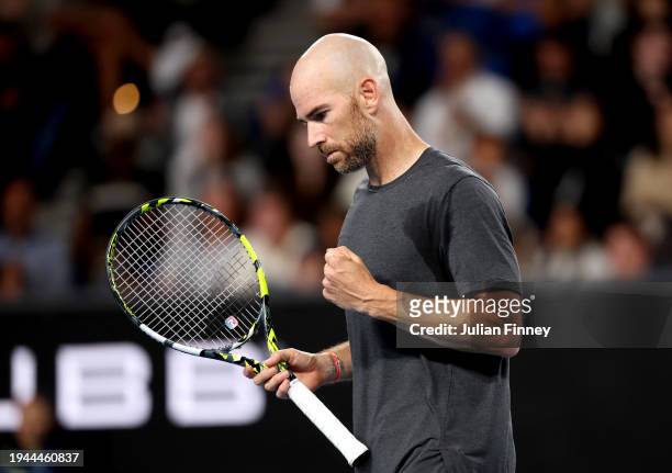 Adrian Mannarino of France celebrates a point in their round three singles match against Ben Shelton of the United States during the 2024 Australian...