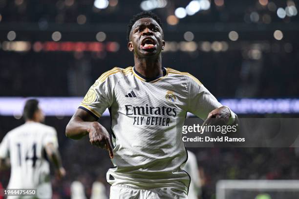 Vinicius Jr. Of Real Madrid CF celebrates their team's second goal scored by Joselu of Real Madrid CF during the Copa del Rey Round of 16 match...