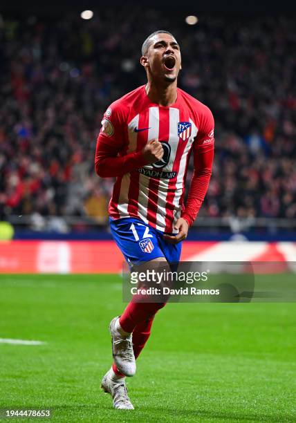 Samuel Lino of Atletico de Madrid celebrates their team's first goal during the Copa del Rey Round of 16 match between Atletico Madrid and Real...