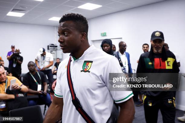 Cameroon's defender Tolo Nouhou arrives to give a press conference at Stade de la Paix in Bouake on January 22 on the eve of the 2024 Africa Cup of...