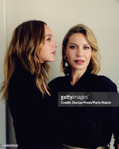 Film director Monia Chokri and actor Magalie Lepine-Blondeau are photographed for Paris Match on October 17, 2023 in Paris, France.