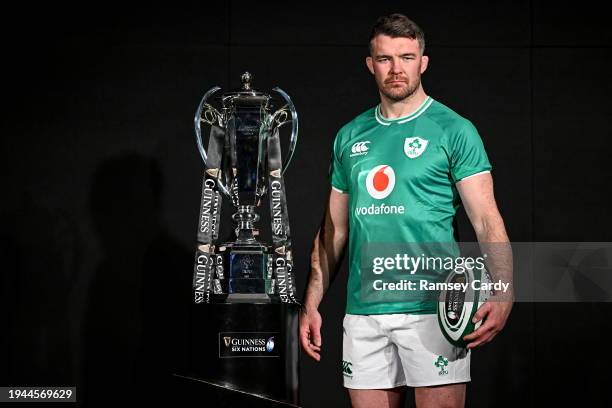 Dublin , Ireland - 22 January 2024; Ireland captain Peter O'Mahony with the trophy during the launch of the Guinness Six Nations Rugby Championship...