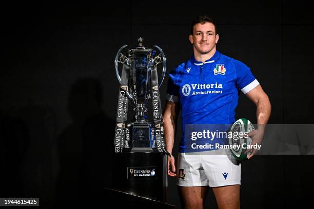 Dublin , Ireland - 22 January 2024; Italy captain Michele Lamaro with the trophy during the launch of the Guinness Six Nations Rugby Championship at...