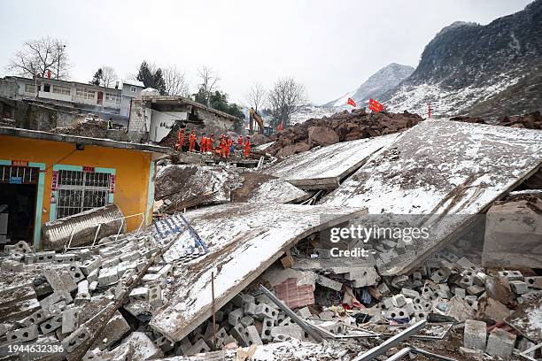 Rescue personnel search for missing victims following a landslide in Liangshui village at Zhaotong, in southwestern China's Yunnan province on...