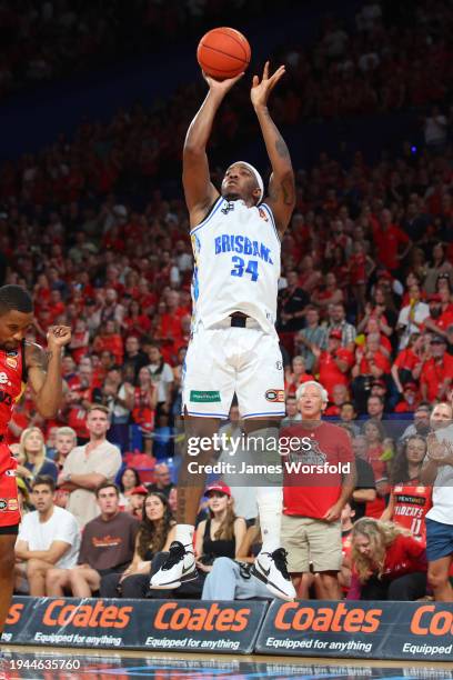 Chris Smith of the Bullets shoots for three during the round 16 NBL match between Perth Wildcats and Brisbane Bullets at RAC Arena, on January 19 in...