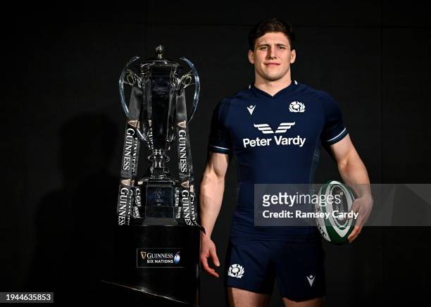 Dublin , Ireland - 22 January 2024; Scotland co-captain Rory Darge with the trophy during the launch of the Guinness Six Nations Rugby Championship...