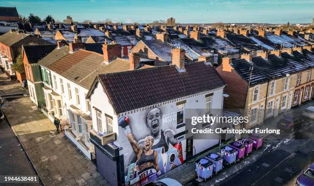 Mural by artists MurWalls of champion boxer Natasha Jonas adorns the side of a house in Elwy Street on January 19, 2024 in Liverpool, England. The...