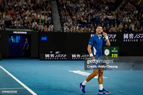 Novak Djokovic of Serbia reacts in their round three singles match against Tomas Martin Etcheverry of Argentina during the 2024 Australian Open at...