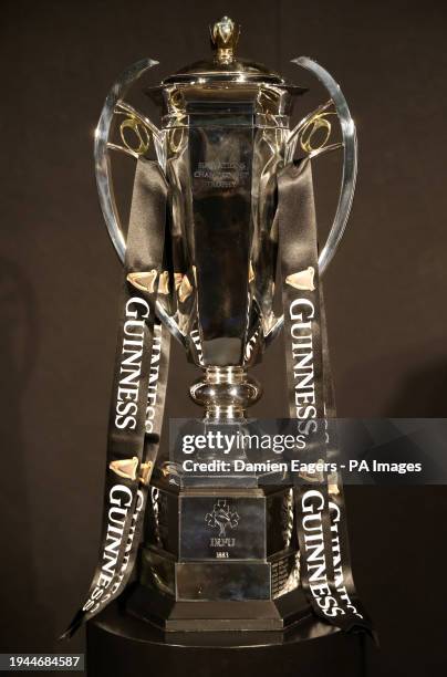 The Six Nations Championship trophy on display during the 2024 Guinness Men's Six Nations Launch at the Guinness Storehouse in Dublin, Ireland....