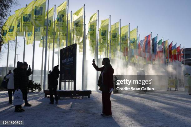 People arrive outside at the Green Week agricultural trade fair on its opening day on January 19, 2024 in Berlin, Germany. The fair runs from January...