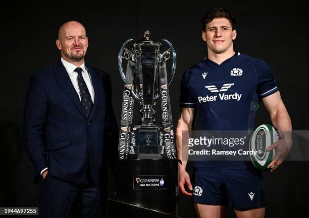 Dublin , Ireland - 22 January 2024; Scotland head coach Gregor Townsend and Scotland co-captain Rory Darge with the trophy during the launch of the...