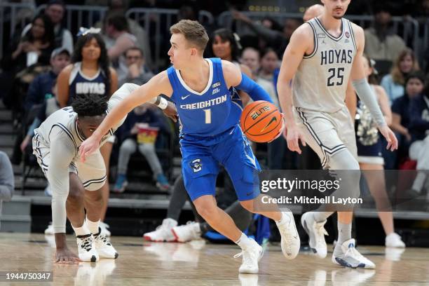 Steven Ashworth of the Creighton Bluejays dribbles the ball during a college basketball game against the Georgetown Hoyas at the Capital One Arena on...