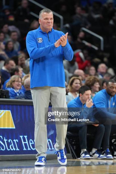 Head coach Greg McDermott of the Creighton Bluejays looks on during a college basketball game against the Georgetown Hoyas at the Capital One Arena...