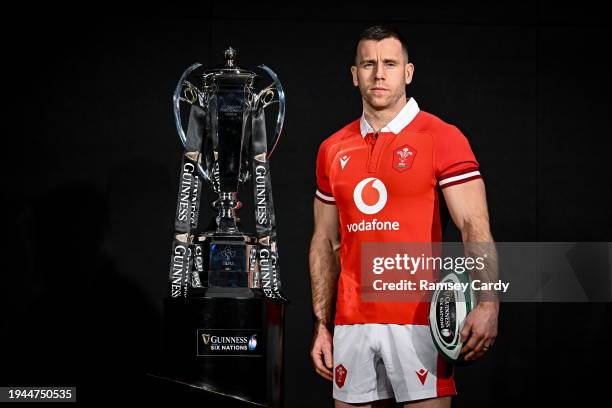 Dublin , Ireland - 22 January 2024; Gareth Davies of Wales with the trophy during the launch of the Guinness Six Nations Rugby Championship at the...