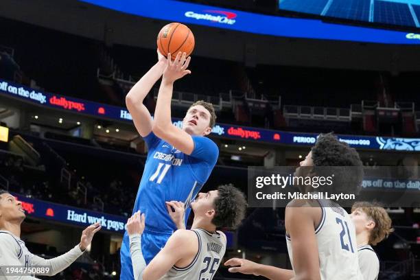 Ryan Kalkbrenner of the Creighton Bluejays takes a shot during a college basketball game against the Georgetown Hoyas at the Capital One Arena on...