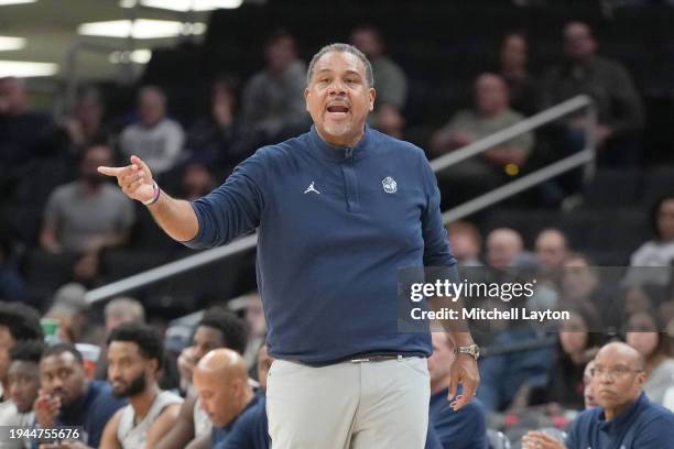 Head coach Ed Cooley of the Georgetown Hoyas signals to his players during a college basketball game against the Creighton Bluejays at the Capital...