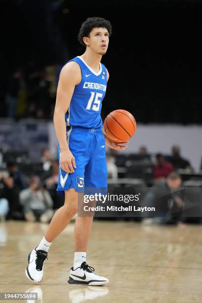 Josiah Dotzler of the Creighton Bluejays dribbles the ball during a college basketball game against the Georgetown Hoyas at the Capital One Arena on...