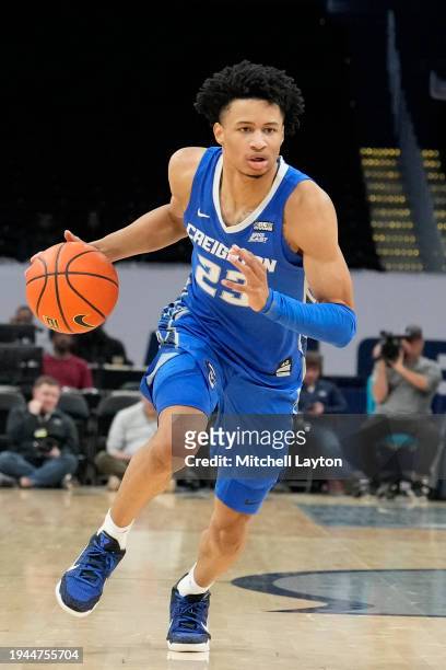 Trey Alexander of the Creighton Bluejays dribbles the ball during a college basketball game against the Georgetown Hoyas at the Capital One Arena on...